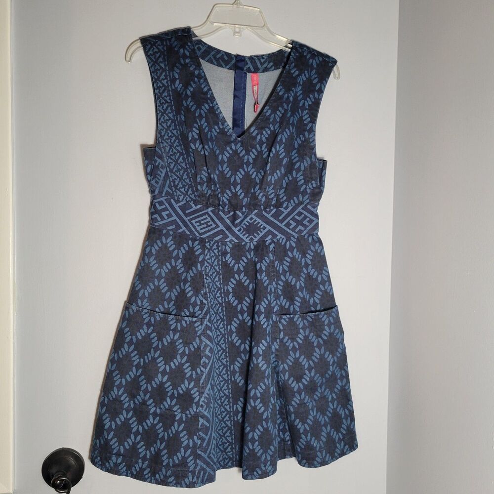 Plenty By Tracy Reese Denim Dress Geometric Print Fit Flare Anthropologie Size 2